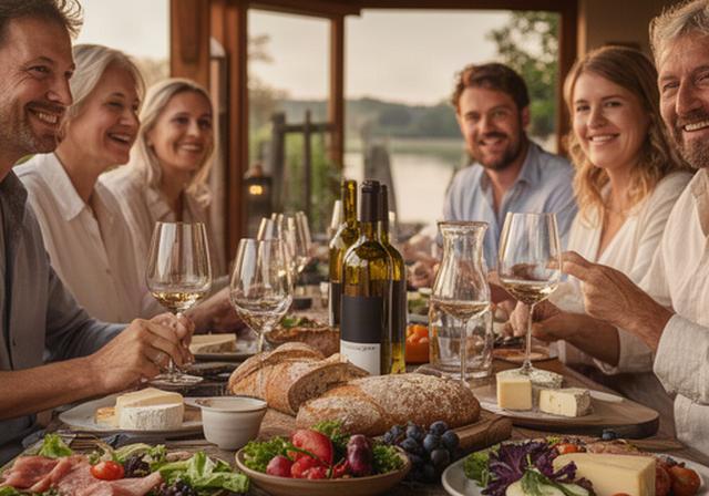 Kleine Verkostung an einem Weingut am Main mit regionalen Speisen