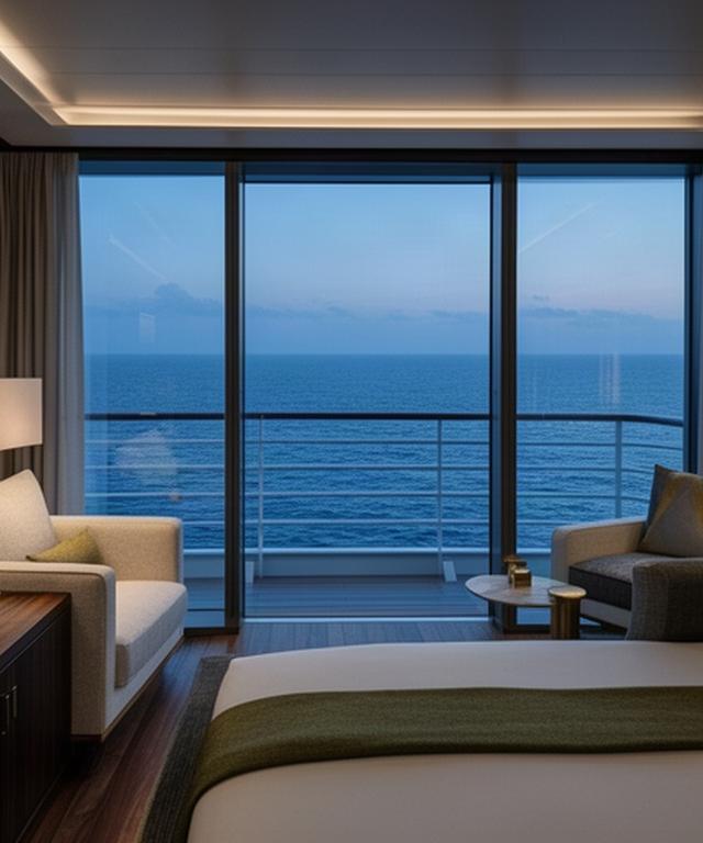 Elegante Suite eines Kreuzfahrtschiffs mit offenem Meerblick und ruhiger Abendbeleuchtung