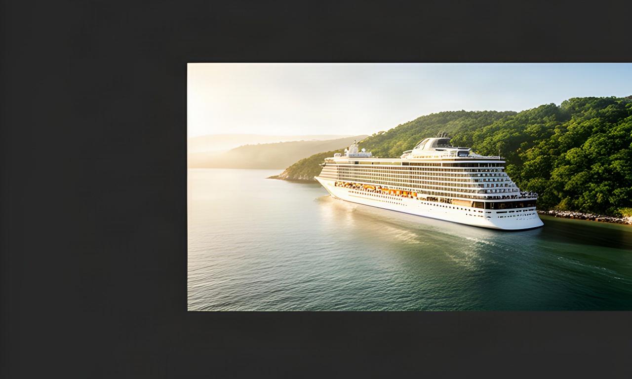 Grüne Küste neben einem modernen Kreuzfahrtschiff im klaren Morgenlicht