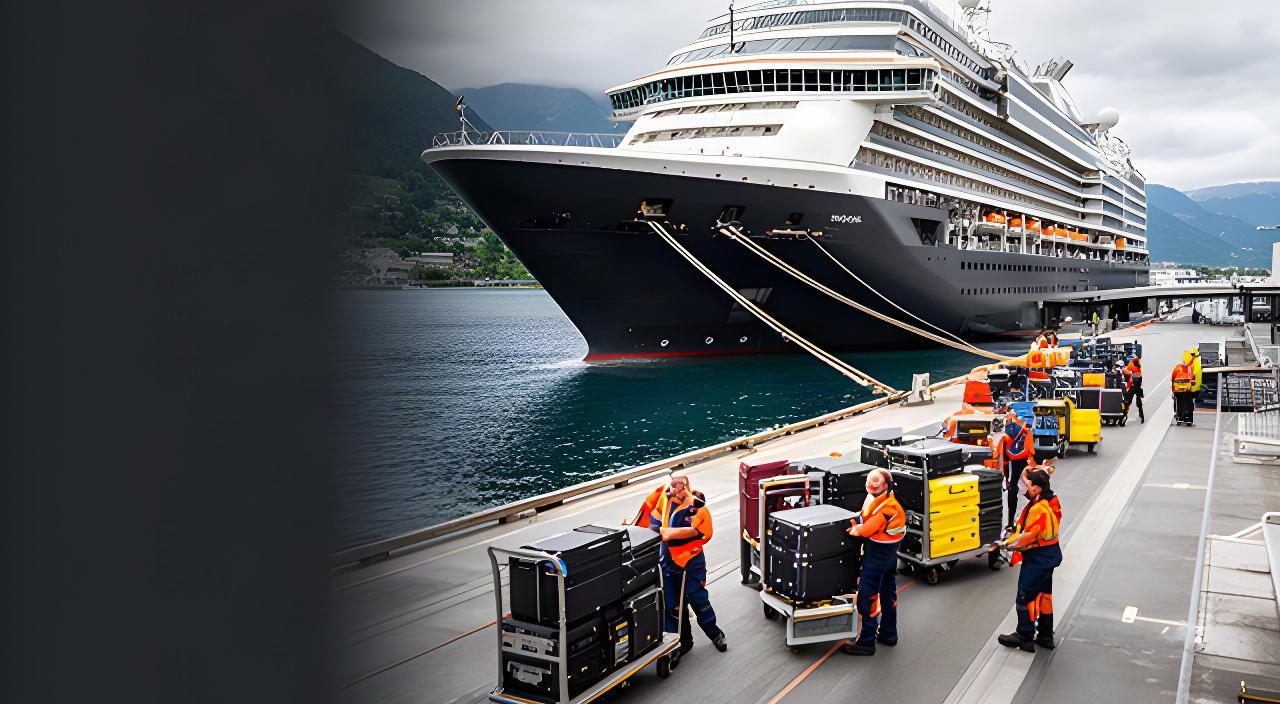 Kreuzfahrtschiff beim Turnaround an einem Schweizer Hafen mit Gepäcklogistik am Kai