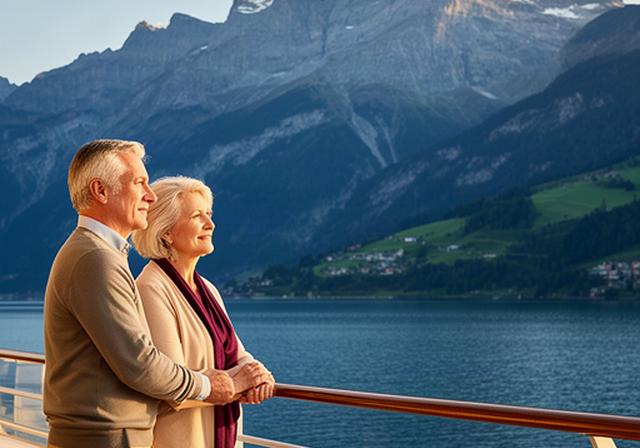 Reifes Paar an der Reling eines Kreuzfahrtschiffs mit Schweizer Alpen im Hintergrund