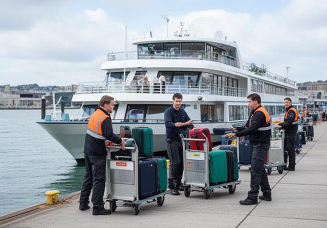 Hafenmitarbeitende sortieren Gepäck neben einem Flusskreuzfahrtschiff während des Turnarounds