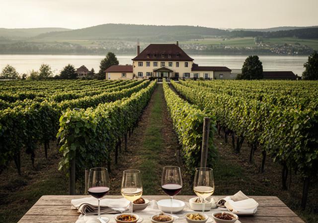 Winzerbetrieb am Rhein mit Rebstöcken und gedecktem Verkostungstisch